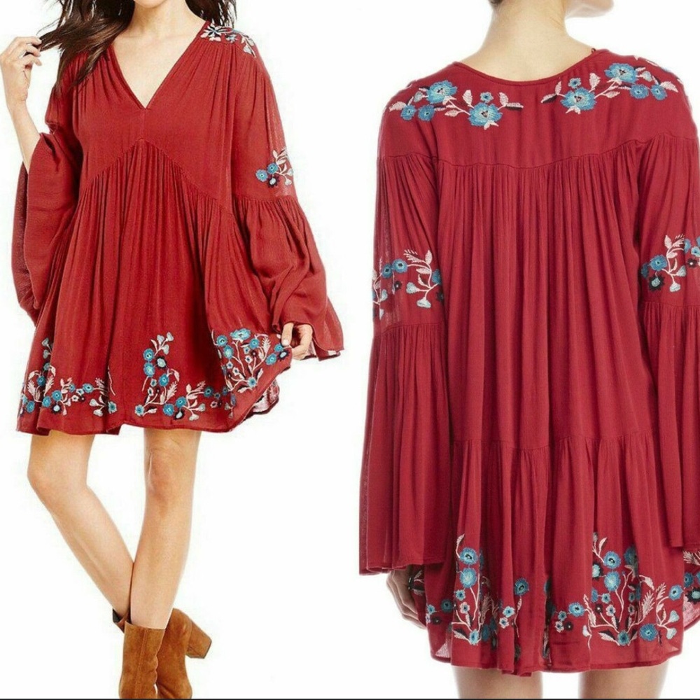 Free People Te Amo Embroidered Red Dress